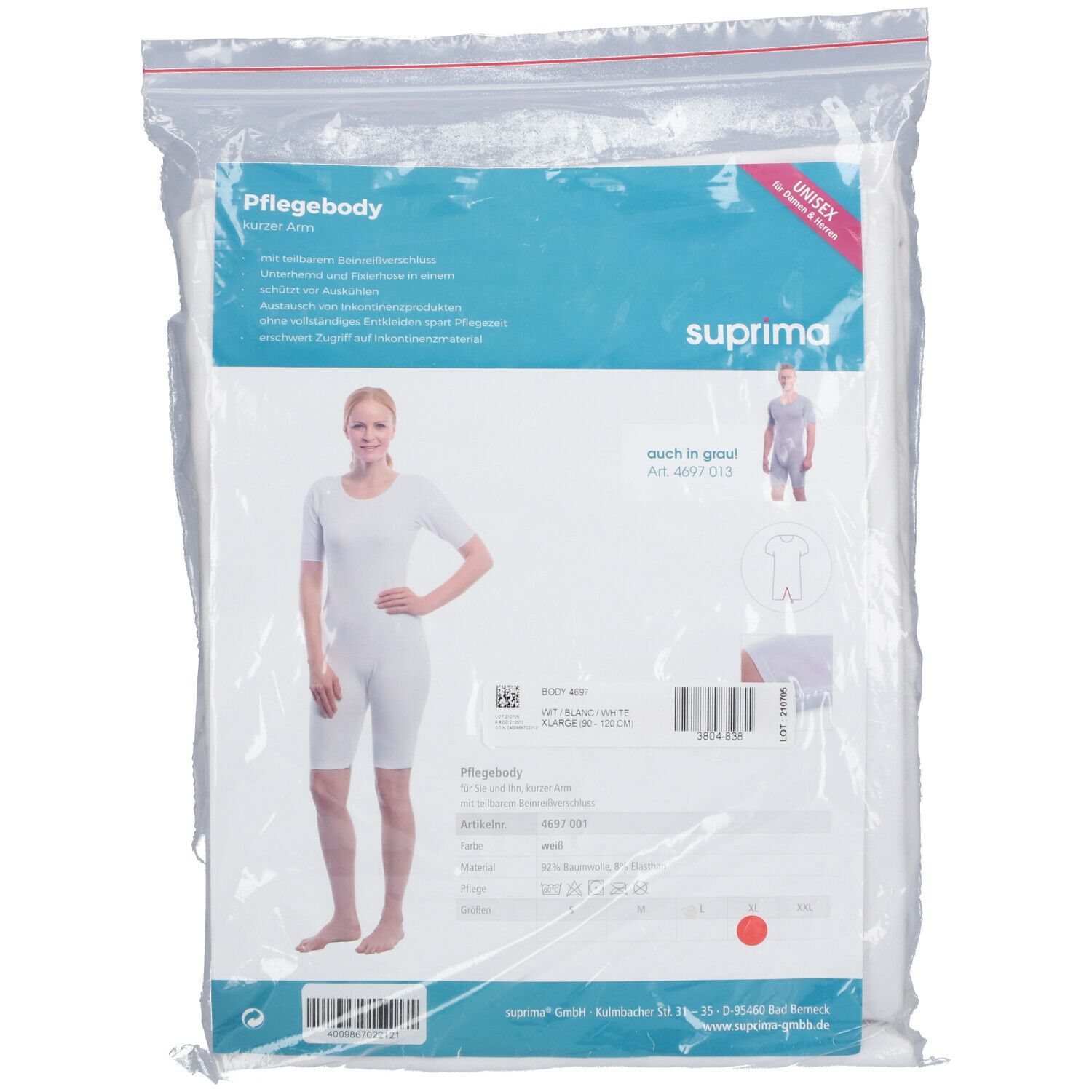 Bota Suprima 4697 Body Manche Courte + Zip Jambe Blanc Extra Large