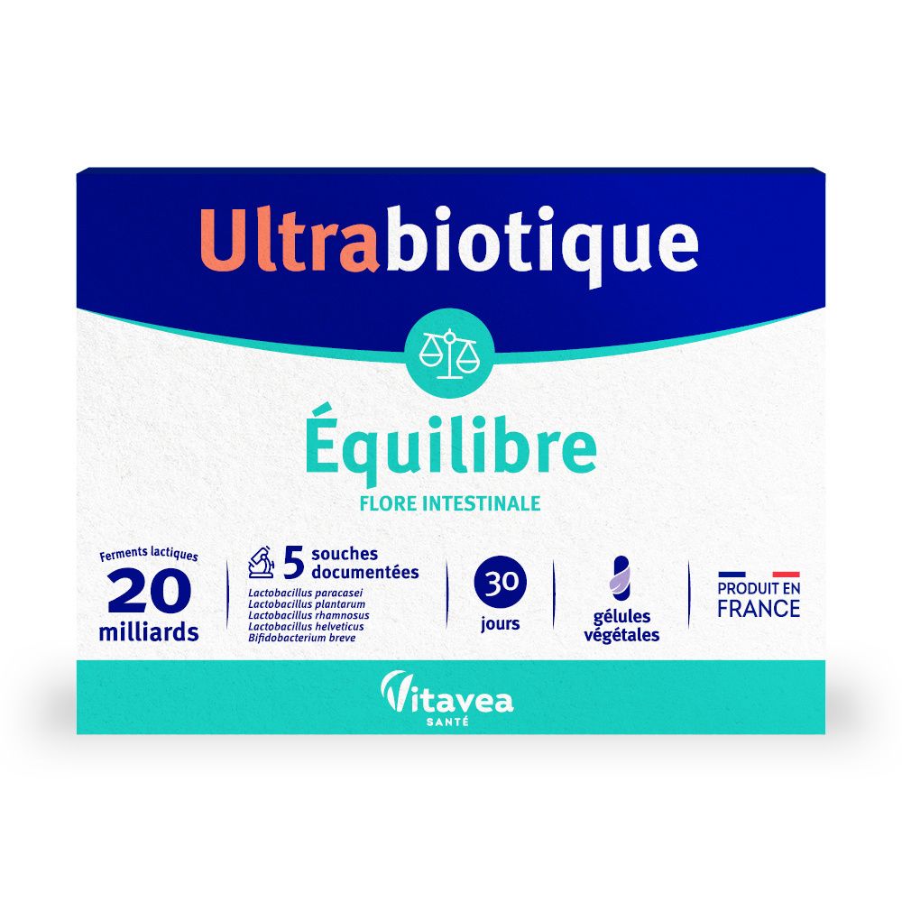 Verpakking Ultrabiotique Équilibre. Bevat 20 miljard melkzuurbacteriën, 5 gedocumenteerde stammen, voor 30 dagen. Plantaardige capsules. Gemaakt in Frankrijk.