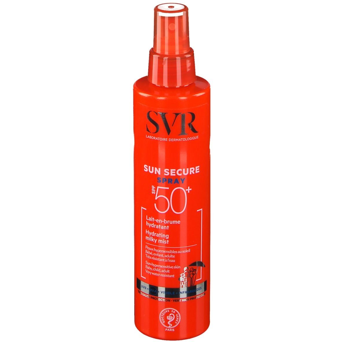 Rode sprayfles met witte dop. Opschrift: SVR, SUN SECURE SPRAY SPF50+. Hydraterende milky mist.