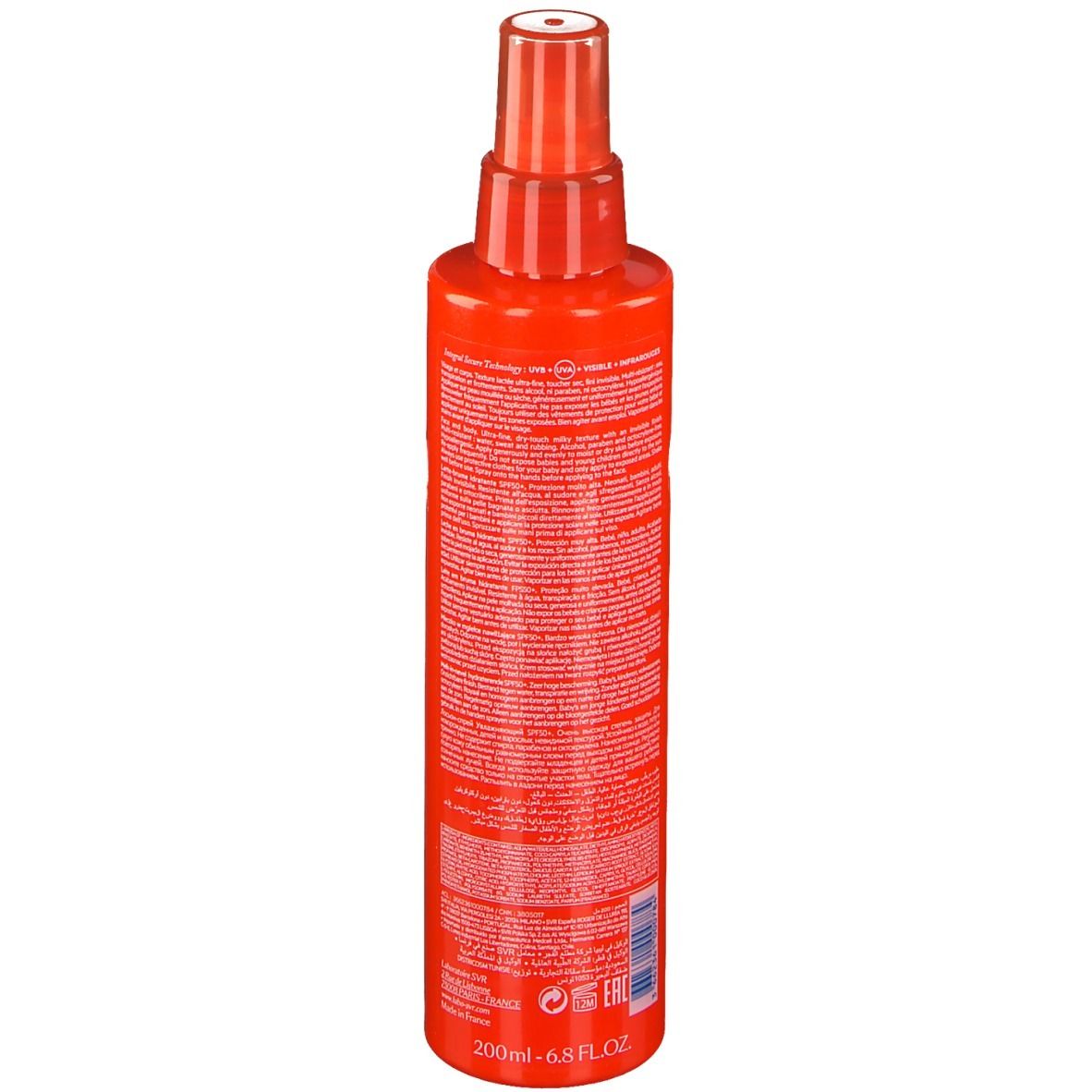 Achterkant van een rode sprayfles. Tekst en opschriften. Onderaan: 200ml - 6.8 FL.OZ. Diverse logo's en symbolen.