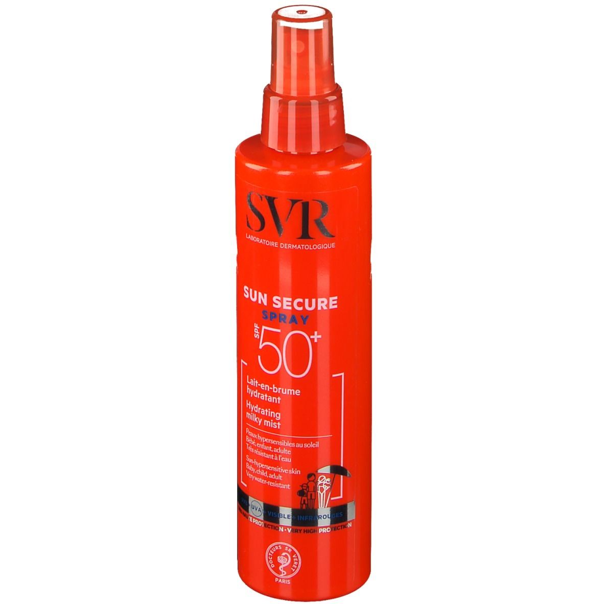 Rode sprayfles met witte dop. Opschrift: SVR, SUN SECURE SPRAY SPF50+. Hydraterende milky mist.