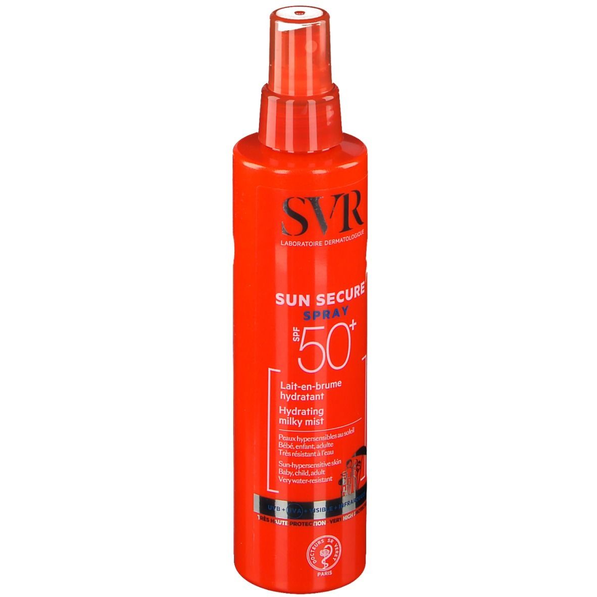 Rode sprayfles met witte dop. Opschrift: SVR, SUN SECURE SPRAY SPF50+. Hydraterende milky mist.