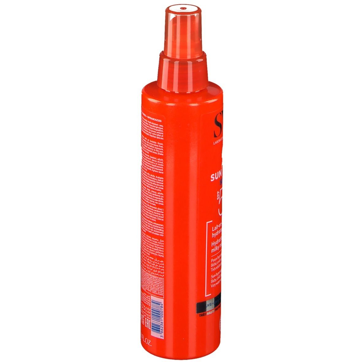 Zijkant van een rode sprayfles. Opschrift: SVR, SUN SECURE SPRAY SPF50+. Diverse logo's en symbolen.