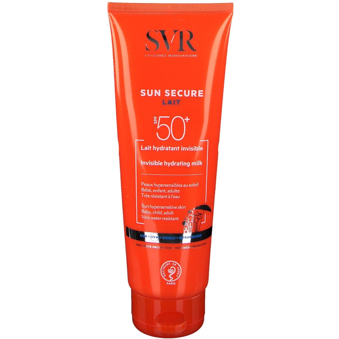 Oranje tube met witte tekst. Bevat zonnebrandcrème. Tekst: SVR, SUN SECURE, SPF50+, Lait hydratant invisible.