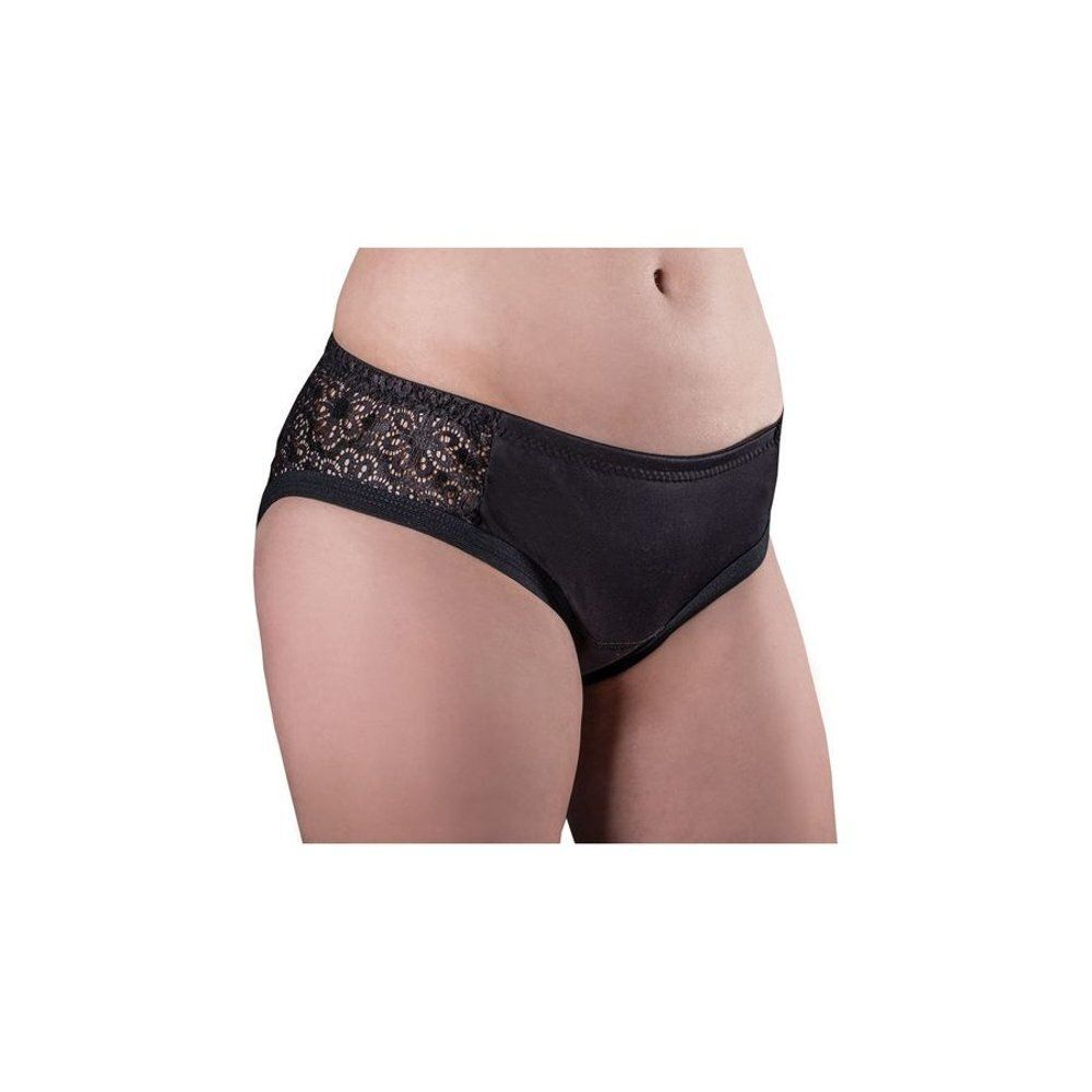 Culotte noire avec dentelle sur le côté. La culotte couvre le ventre et une partie des cuisses. La dentelle est à motifs floraux.