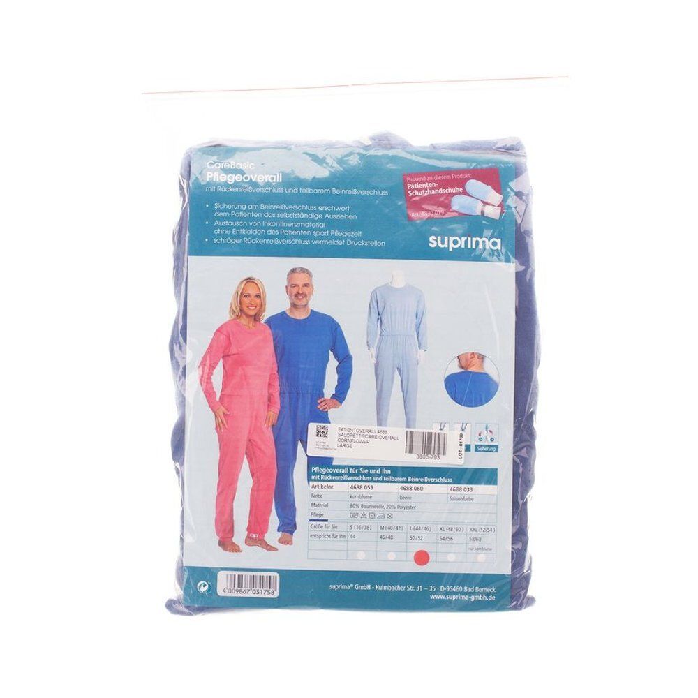 Combinaison patient bleue emballée. Impression: illustrations, texte, logo.