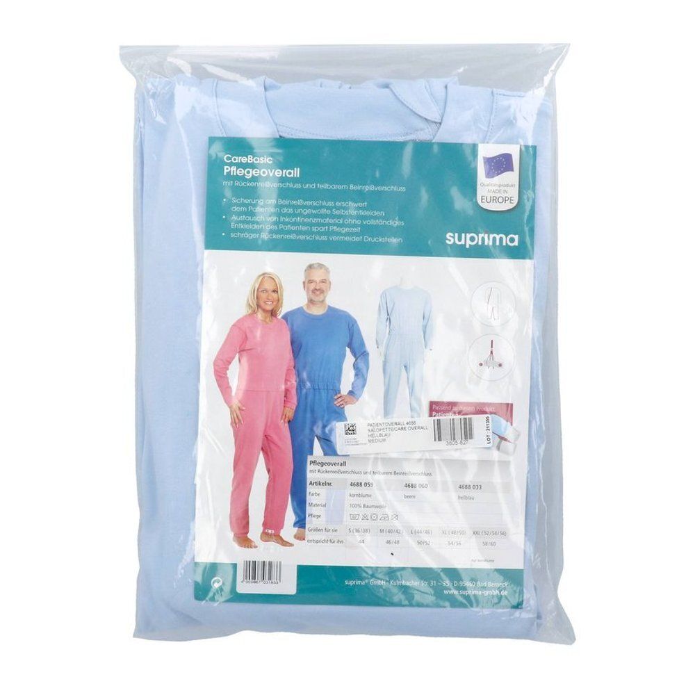 Combinaison de soins bleu clair dans un emballage plastique. Marque Suprima. Impression avec illustrations et tailles.