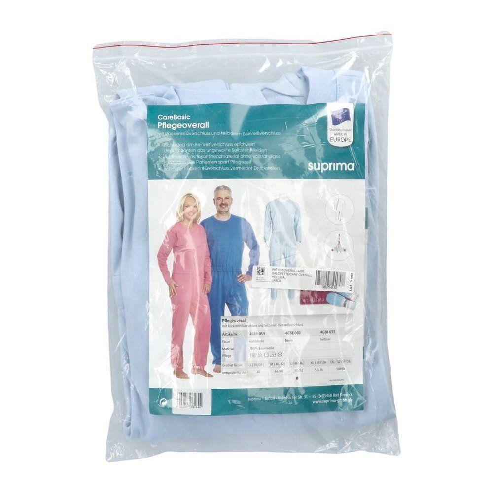 Combinaison de soins bleue dans un emballage plastique. Inscriptions: Suprima, Pflegeoverall, certification UE. Illustration de personnes en combinaisons.