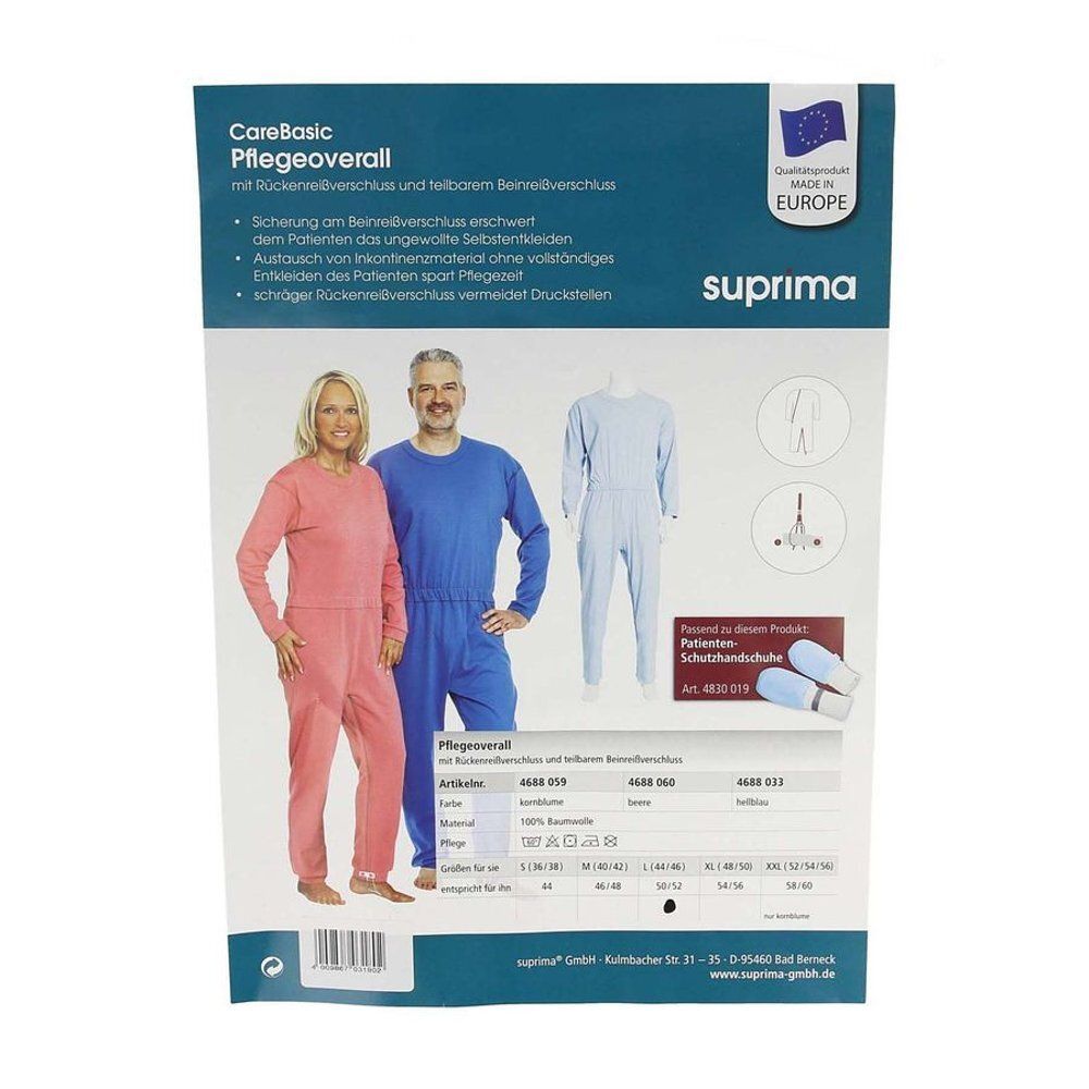 Verzorgingsoverall roze en blauw, met rits. Merk Suprima. Bedrukking met productinformatie en certificering.
