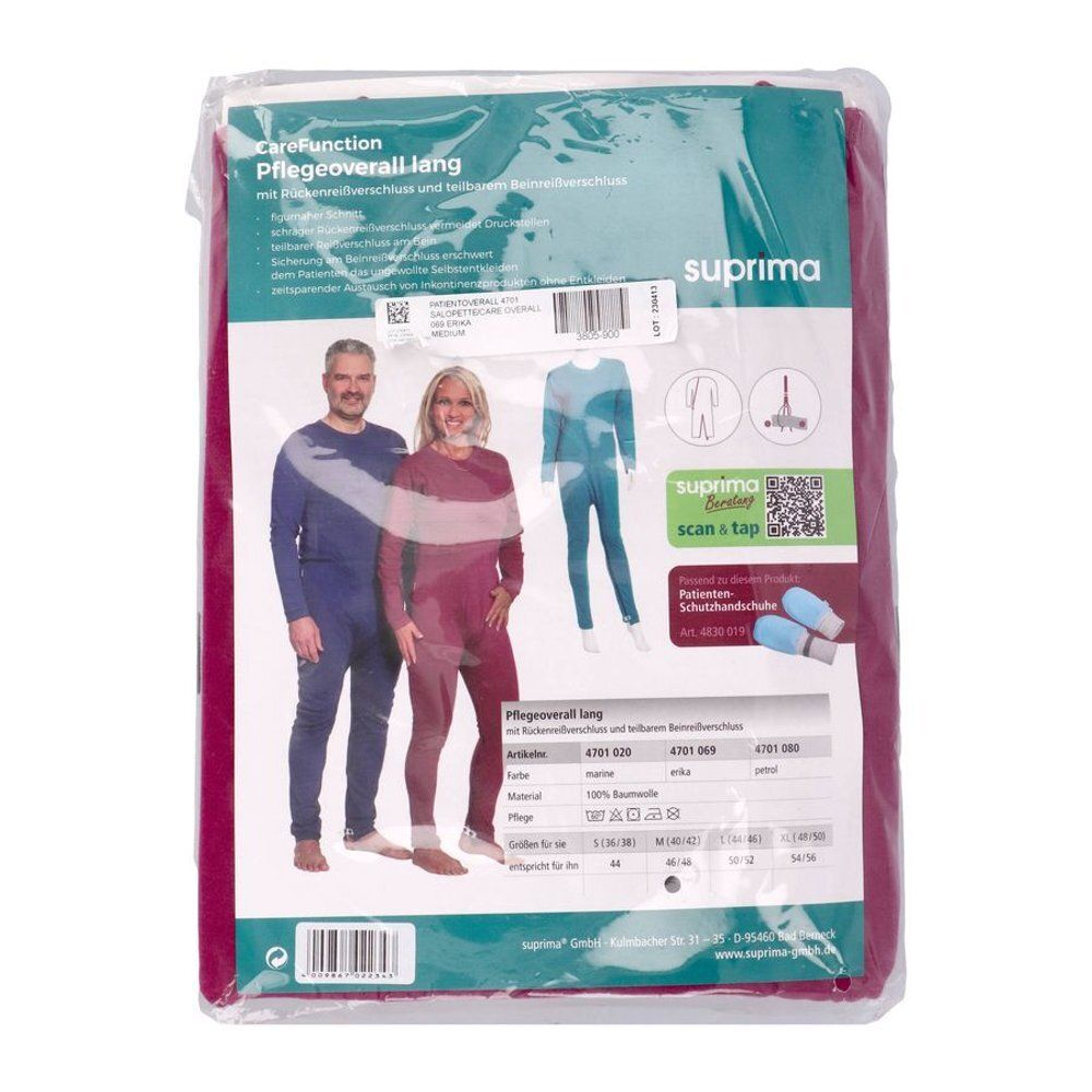 Emballage de la salopette patient Bota Suprima 4701. Face avant avec image du produit et logo de la marque.