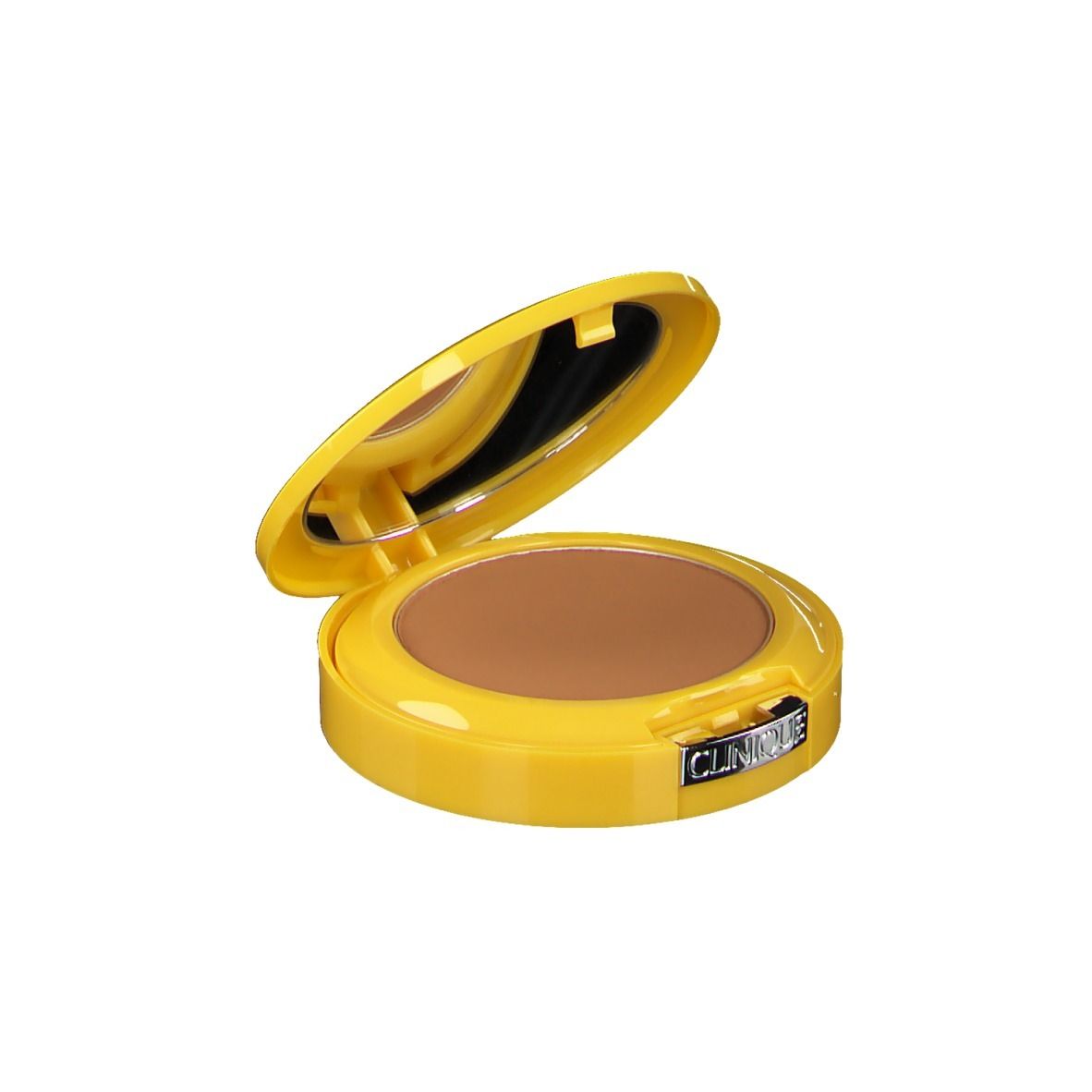 Geel compact poeder met spiegel. Open, bruin poeder zichtbaar. Merk CLINIQUE.