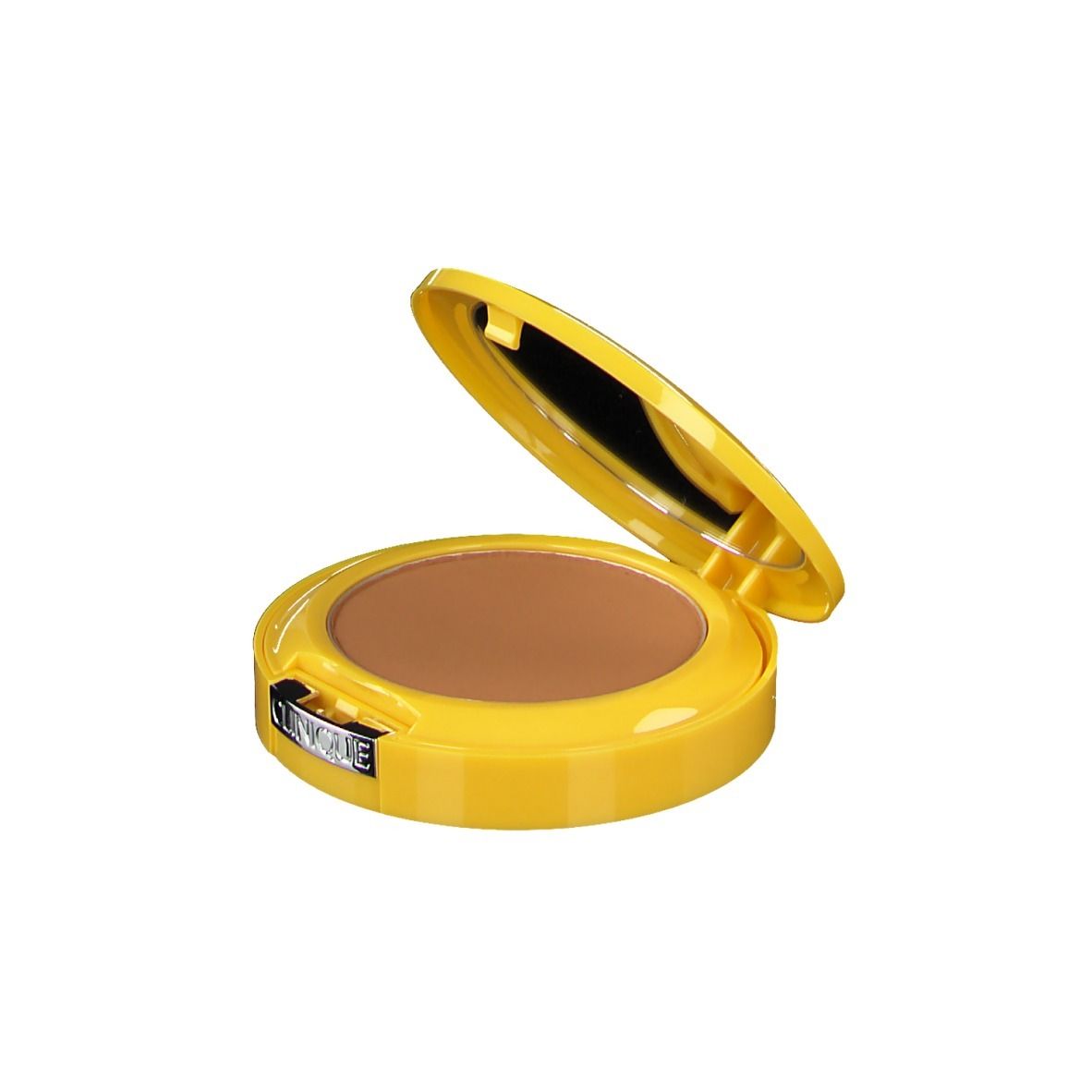 Geel compact poeder met spiegel. Open, bruin poeder zichtbaar. Merk CLINIQUE.