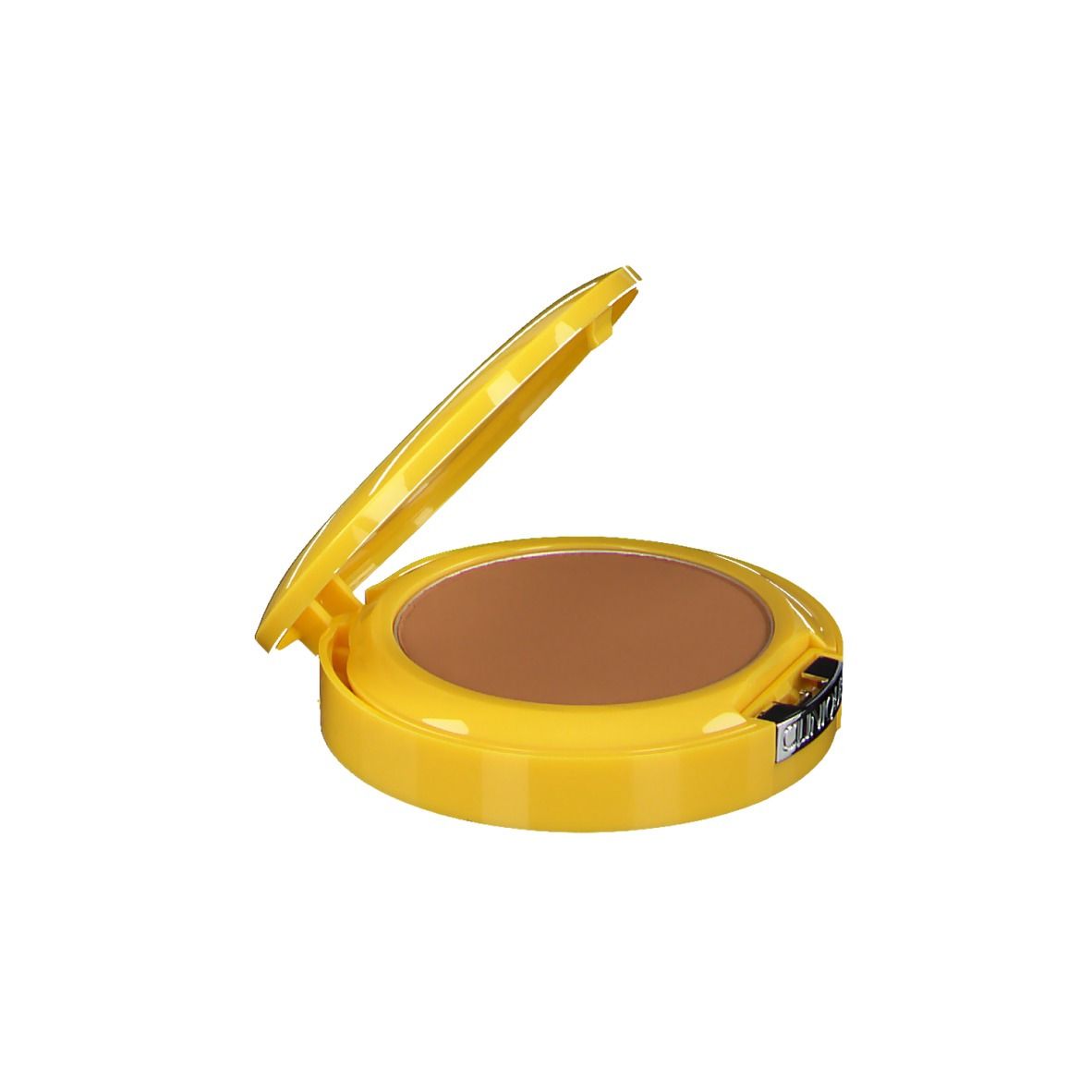 Geel compact poeder met spiegel. Open, bruin poeder zichtbaar. Merk CLINIQUE.