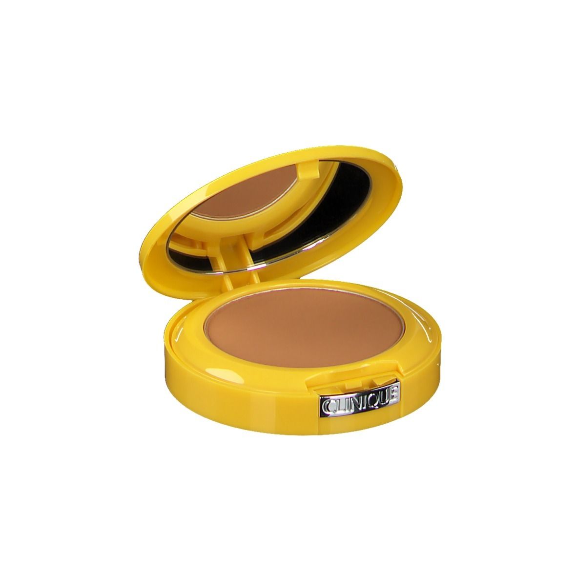 Geel compact poeder met spiegel. Open, bruin poeder zichtbaar. Merk CLINIQUE.