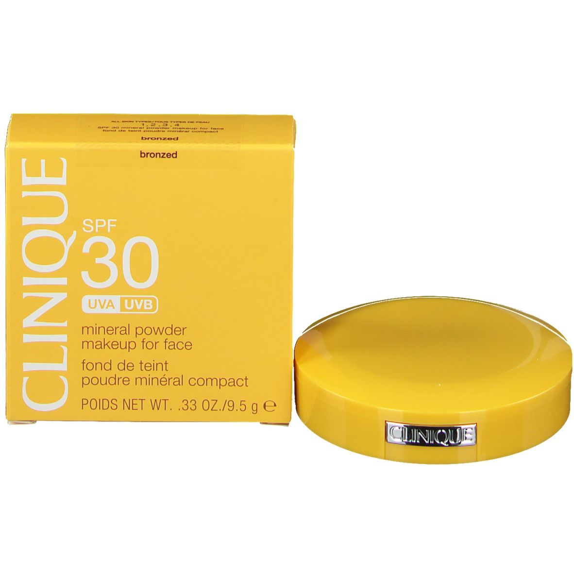 Gele verpakking en compact poeder. Tekst: CLINIQUE SPF 30, minerale poeder. Bronzed.