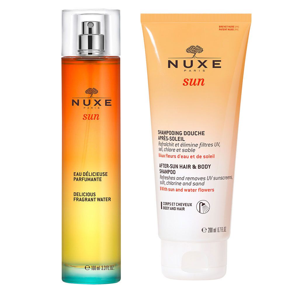 Deux produits Nuxe Sun : Shampooing Douche Après-Soleil et Eau Délicieuse Parfumante. Flacon vaporisateur et tube jaune. Inscription Sun, Après-Soleil.