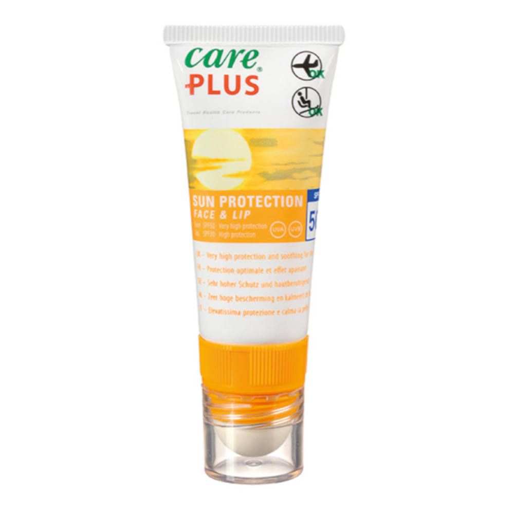 Tube Care Plus® Sun Protection Gesicht + Lippen SPF50+. Wit, geel, oranje. Met roll-on applicator. Tekst: Sun Protection Face & Lip.