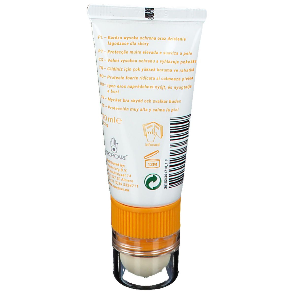 Achterkant van de tube Care Plus® Sun Protection Gesicht + Lippen SPF50+. Wit, geel, oranje. Met tekst en logo's. Roll-on applicator.
