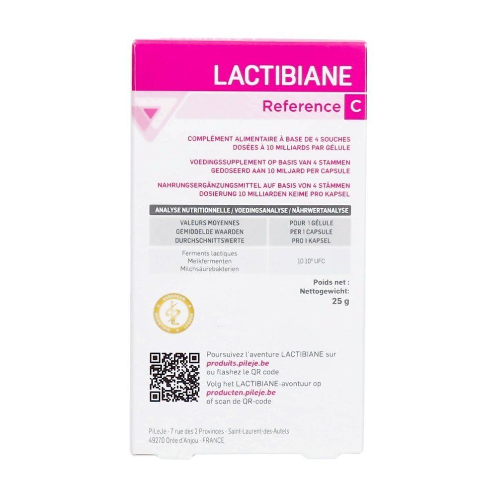 Boîte de LACTIBIANE Référence. Contient 45 gélules. Marque HQM. Design rose et blanc.