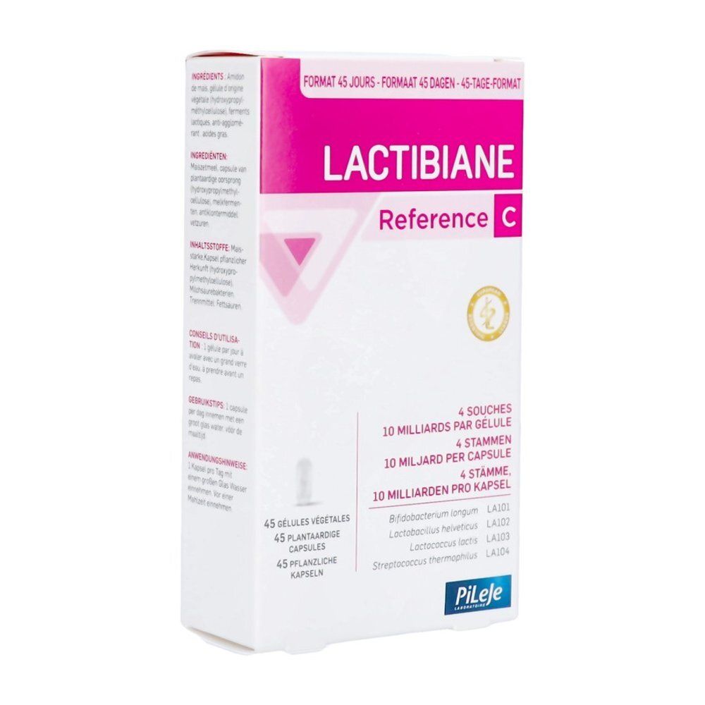 Boîte de LACTIBIANE Référence. Contient 45 gélules. Marque HQM. Design rose et blanc.