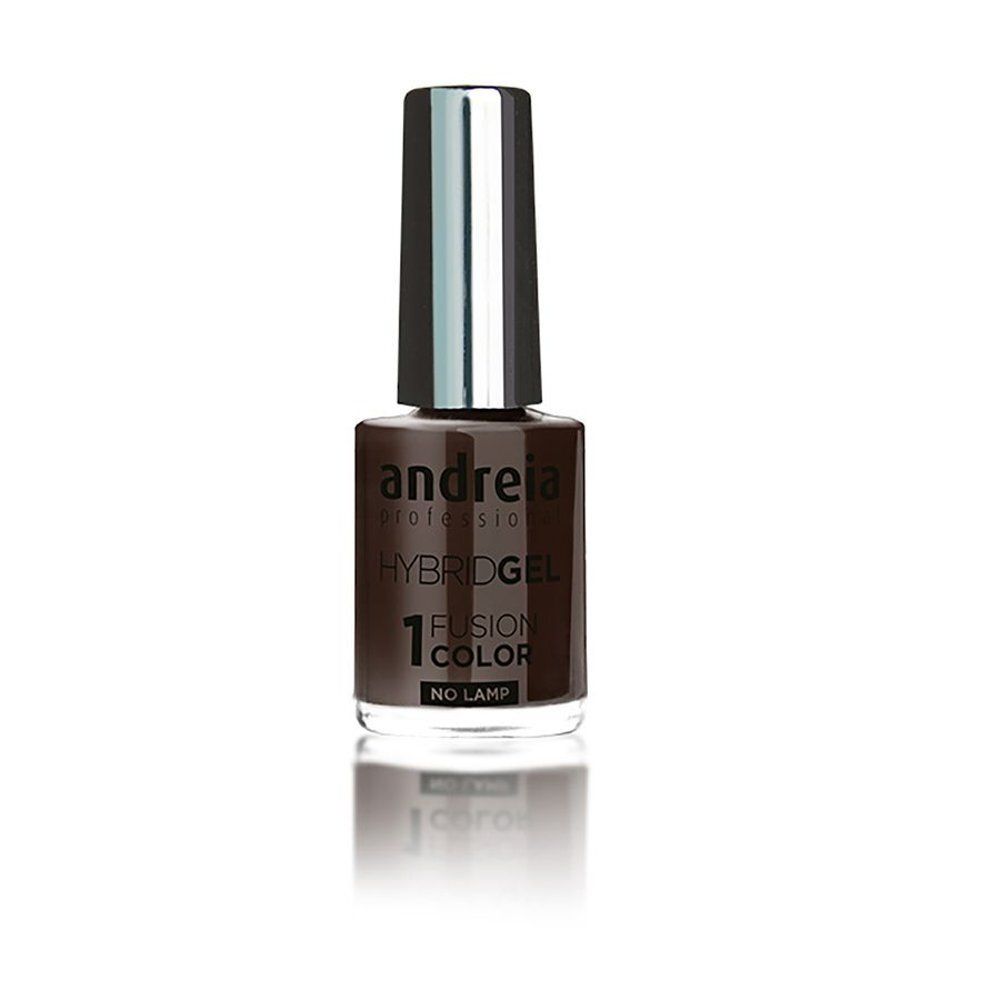 Flacon de vernis à ongles marron. Bouchon argenté. Marque Andreia Professional, Hybridgel.
