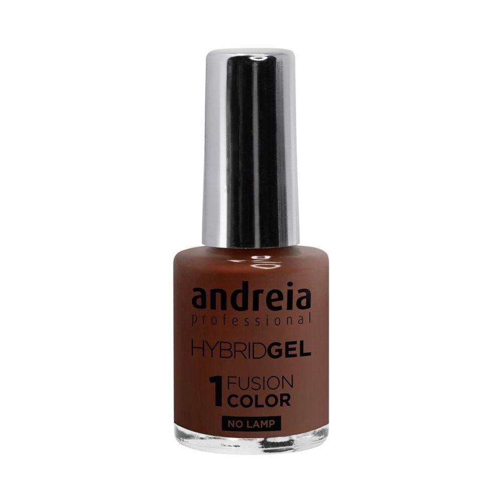 Flacon de vernis à ongles marron. Bouchon argenté. Marque Andreia Professional, Hybridgel.