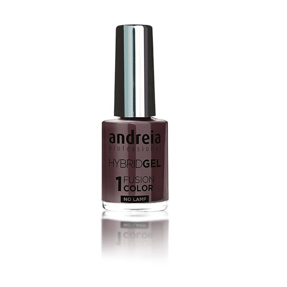 Nagellakfles met bruine inhoud. Zilveren dop. Opschrift: Andreia, Hybridgel, 1 Fusion Color, No Lamp.