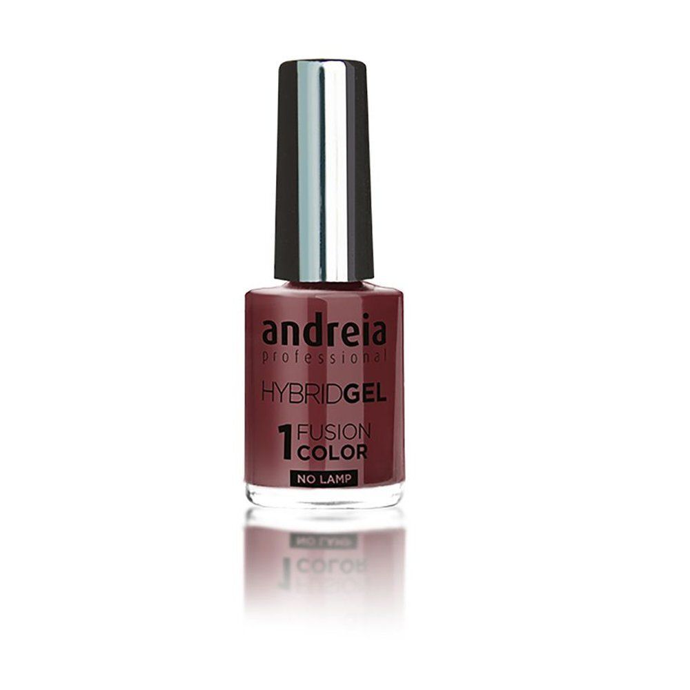 Nagellakflesje, baksteenrood. Merk Andreia Professional, Hybridgel, Fusion Color. Zilverkleurige dop.