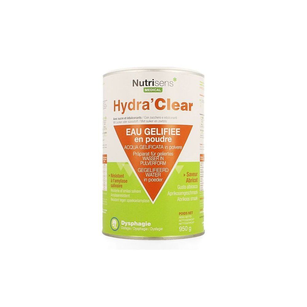 Cilindervormige doos Hydra'Clear. Tekst in het Frans, Italiaans, Duits en Nederlands. Smaak abrikoos. Netto gewicht: 950g.