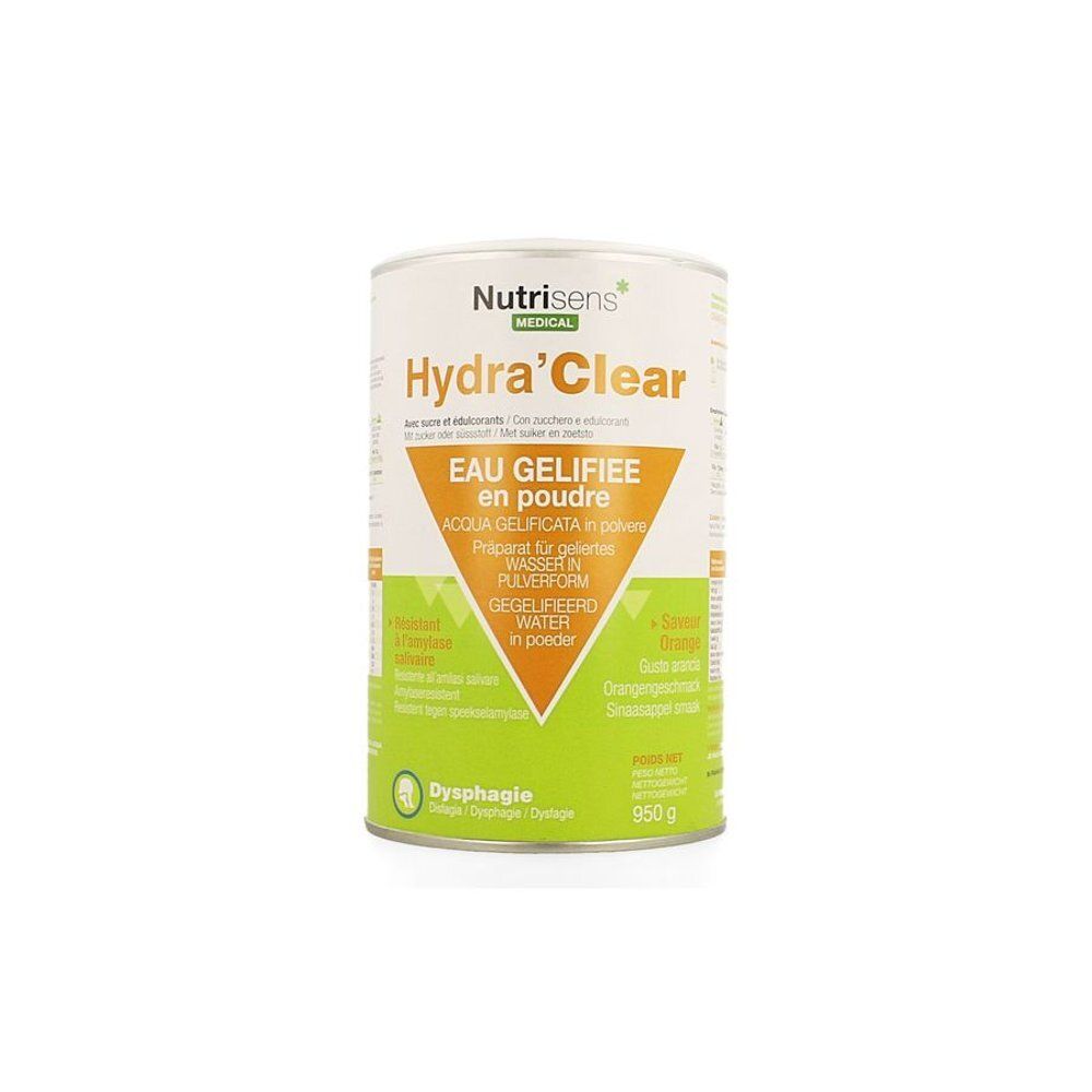 Boîte cylindrique Hydra'Clear. Inscriptions en français, italien, allemand et néerlandais. Contenance 950g.