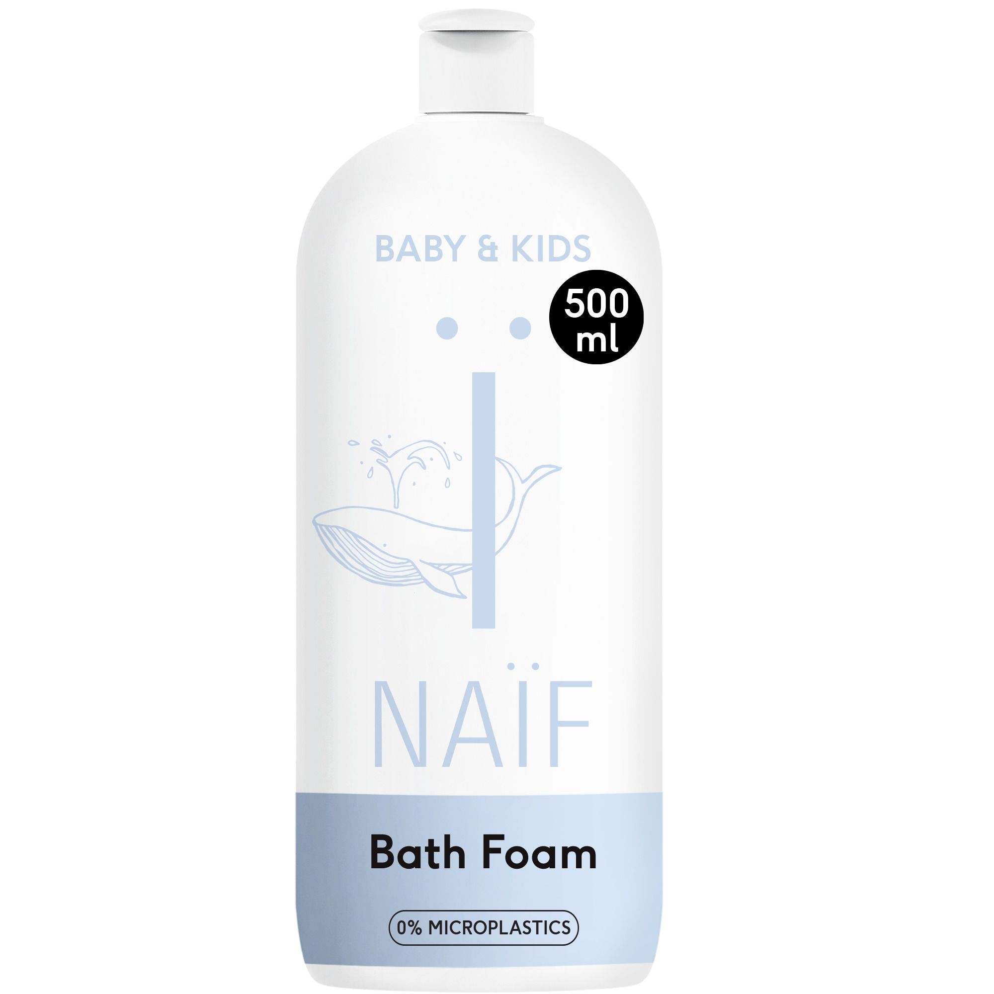 Witte fles met blauw etiket. Opschrift: NAÏF, Baby & Kids, Relaxing Bath Foam. Walvis illustratie.