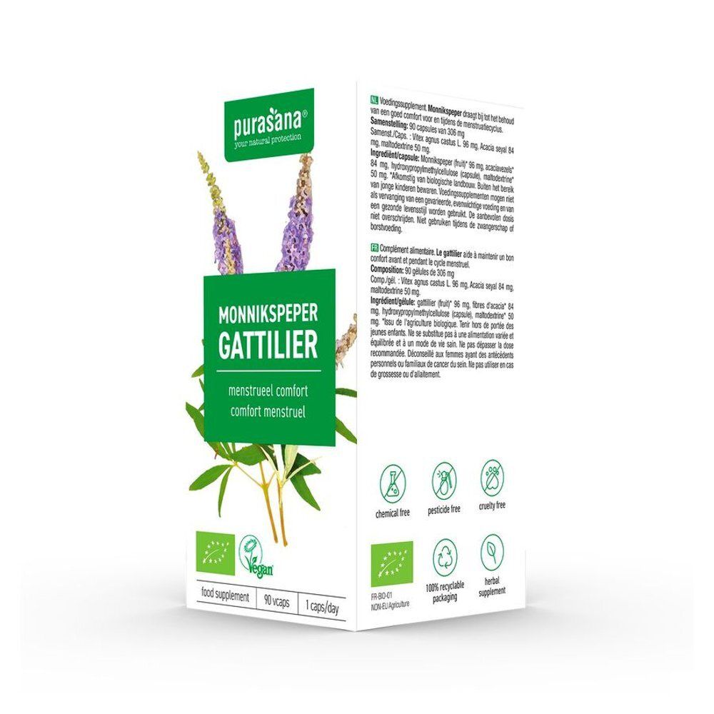 Boîte Purasana de gélules de Gattilier. Boîte verte et blanche avec nom et logo du produit. Labels vegan et bio.