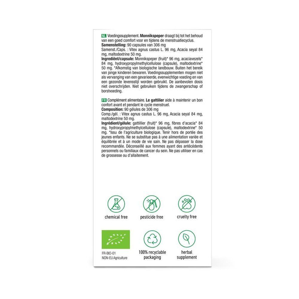 Dos de la boîte Purasana avec texte. Contient des informations sur les ingrédients et les certifications. Avec logo de recyclage.