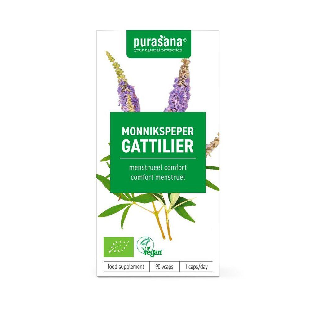 Purasana-verpakking met monnikspepercapsules. Groen-witte doos met productnaam en logo. Vegan- en bio-keurmerk.