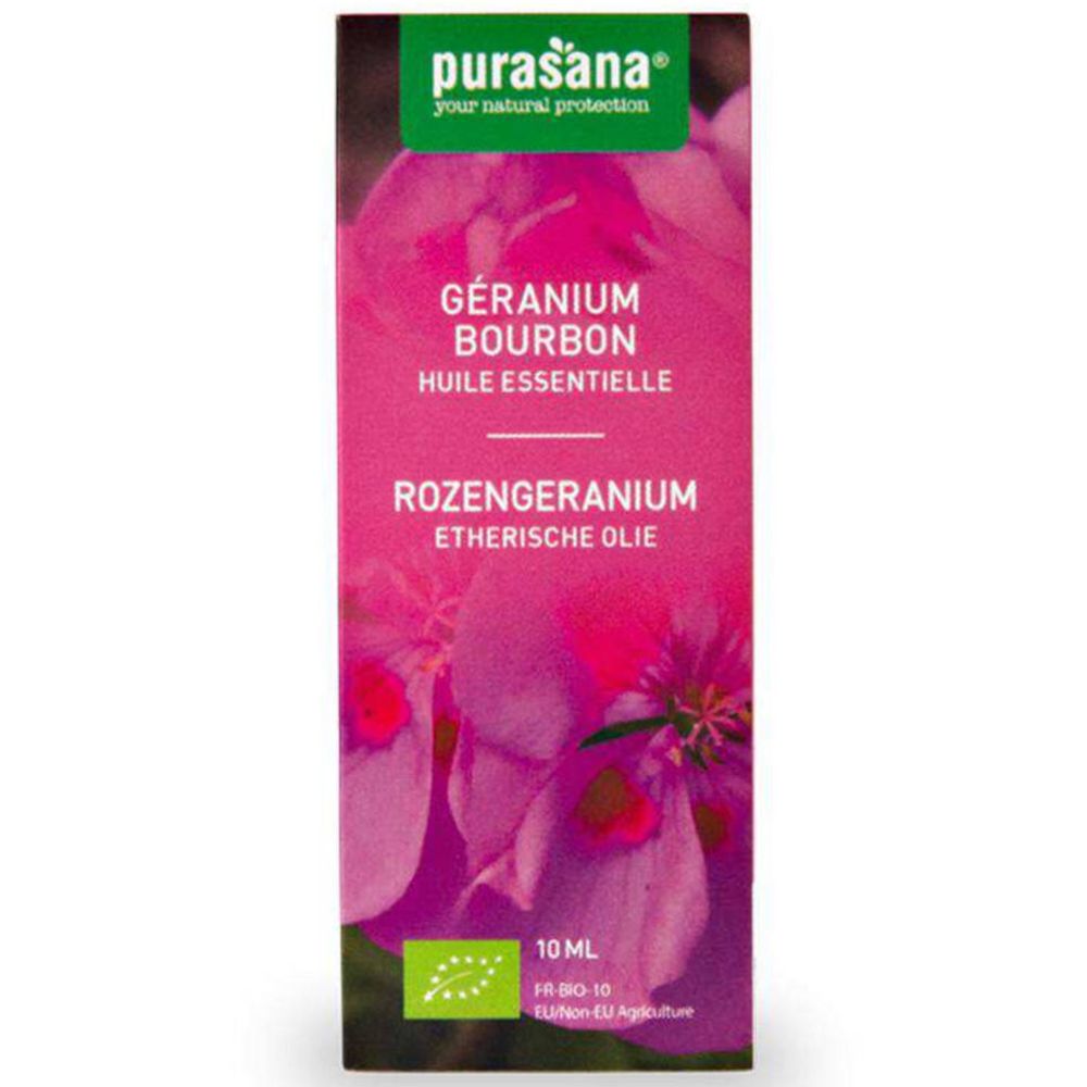 Roze doos met purasana® Geranium Bourbon Öl. Tekst: Géranium Bourbon, Huile Essentielle, Rozengeanium, 10 ml, bio-label.
