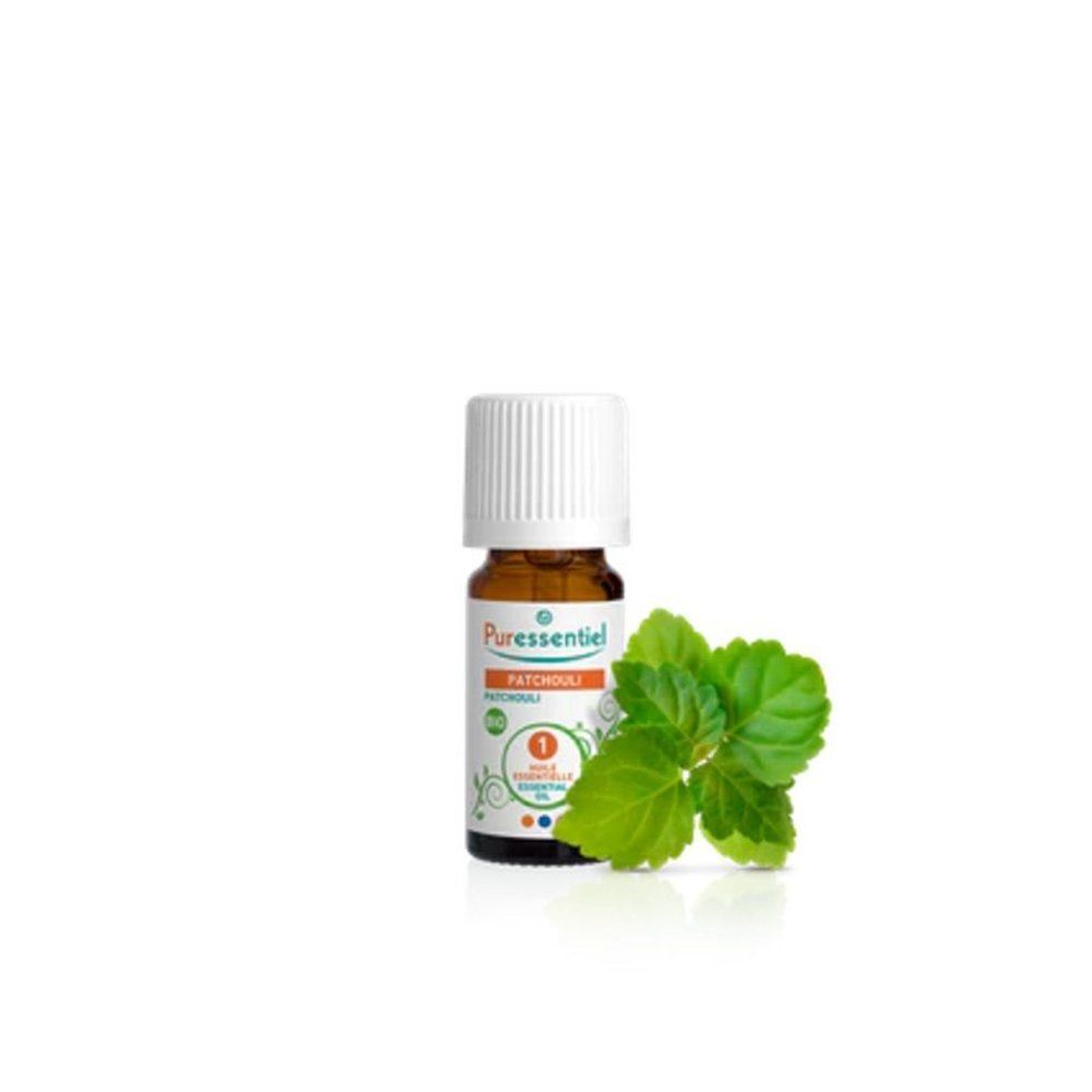 Flesje en doosje Puressentiel Patchouli etherische olie.