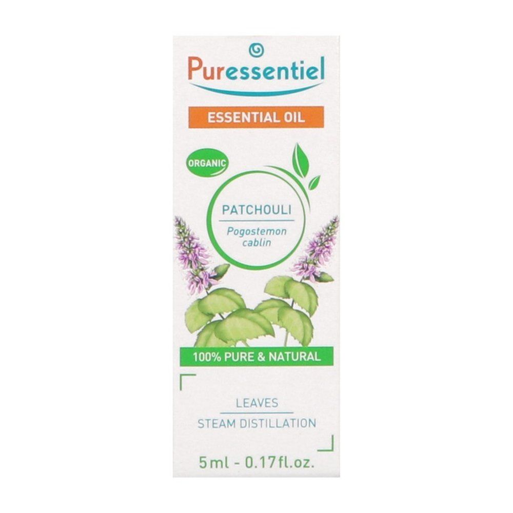 Flesje Puressentiel Patchouli etherische olie, achterkant met BIO en Cosmos Organic zegel.