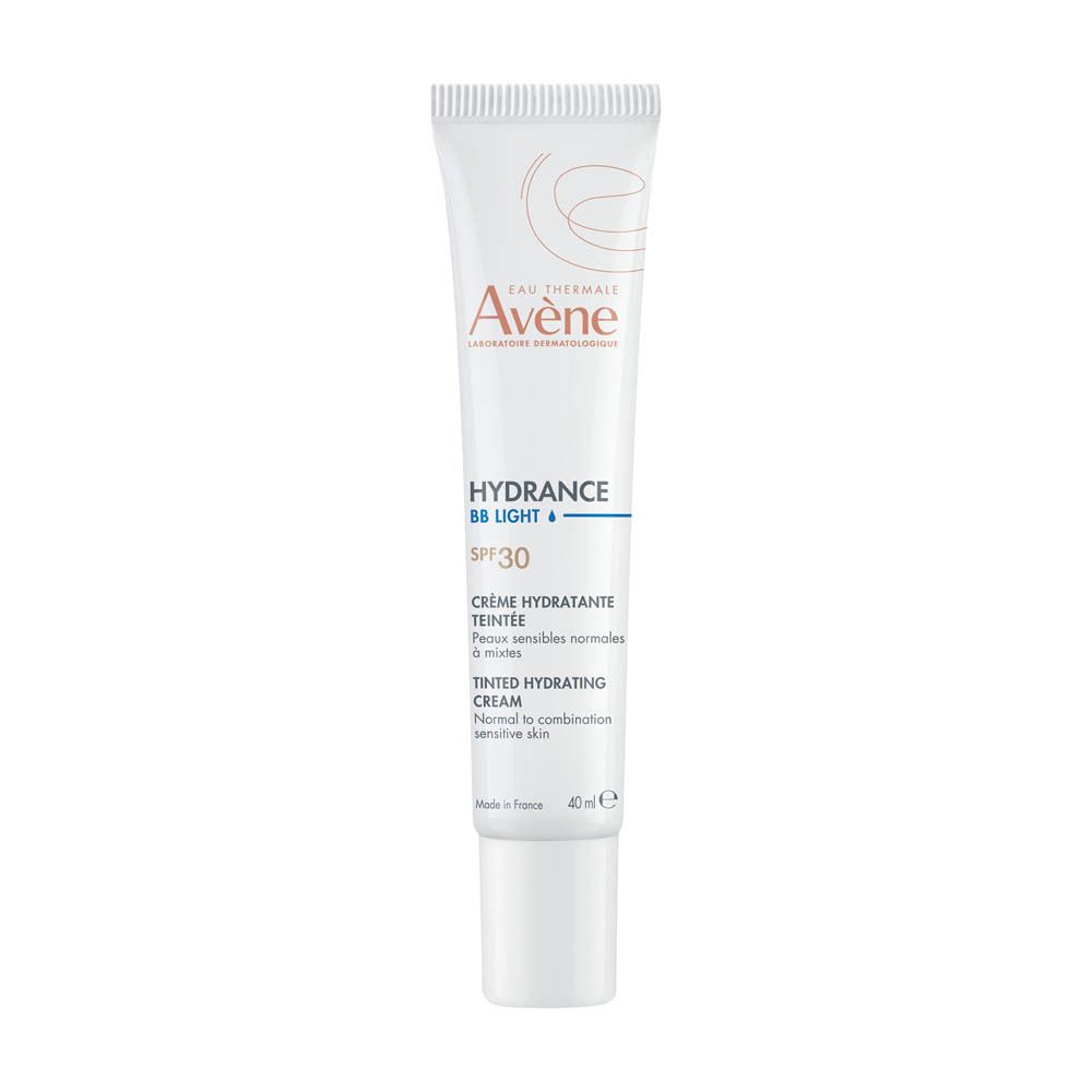 Tube blanc avec texte. Marque Avène, Hydrance BB Légère. SPF 30. Bouchon beige.