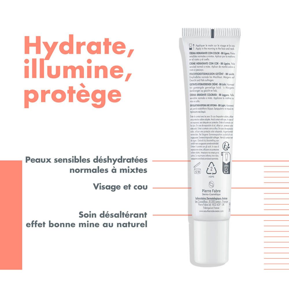 Produit et emballage. Marque Avène, Hydrance BB Légère. SPF 30. Beige.