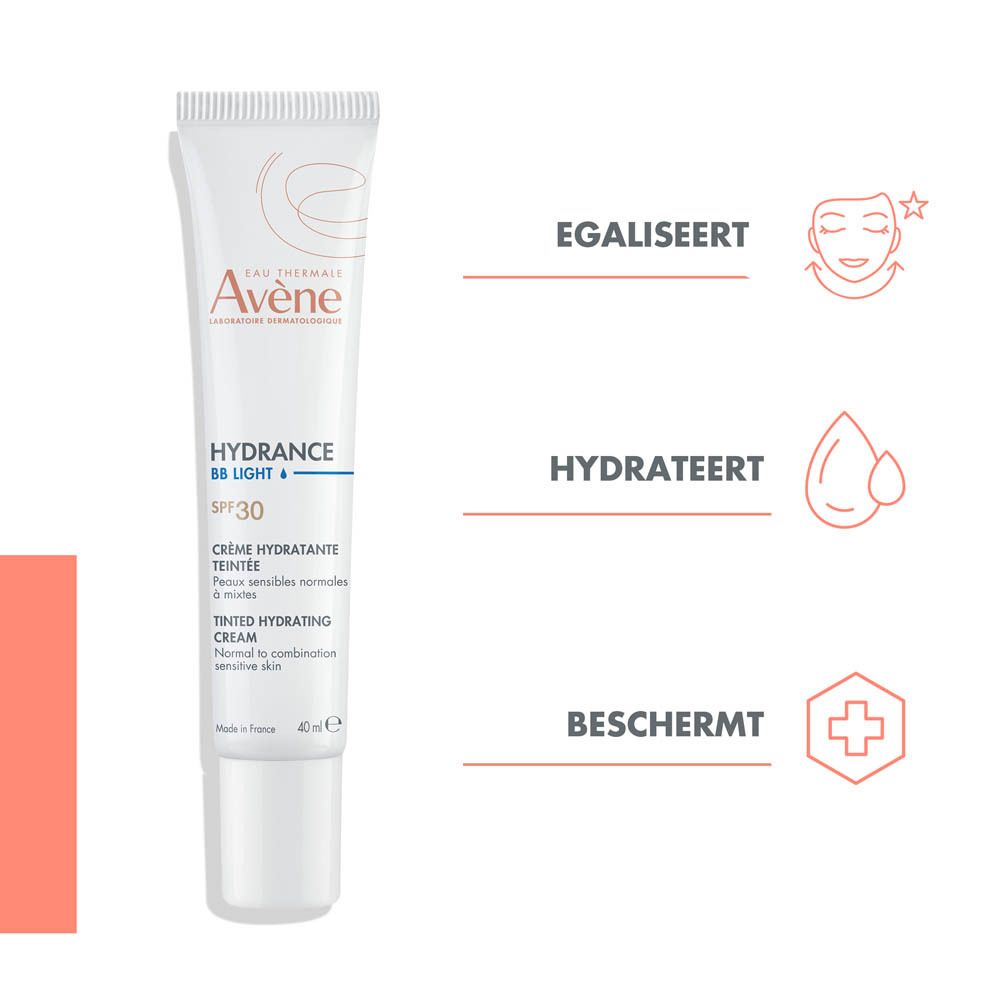 Verpakking. Merk Avène, Hydrance BB Légère. SPF 30. Beige.