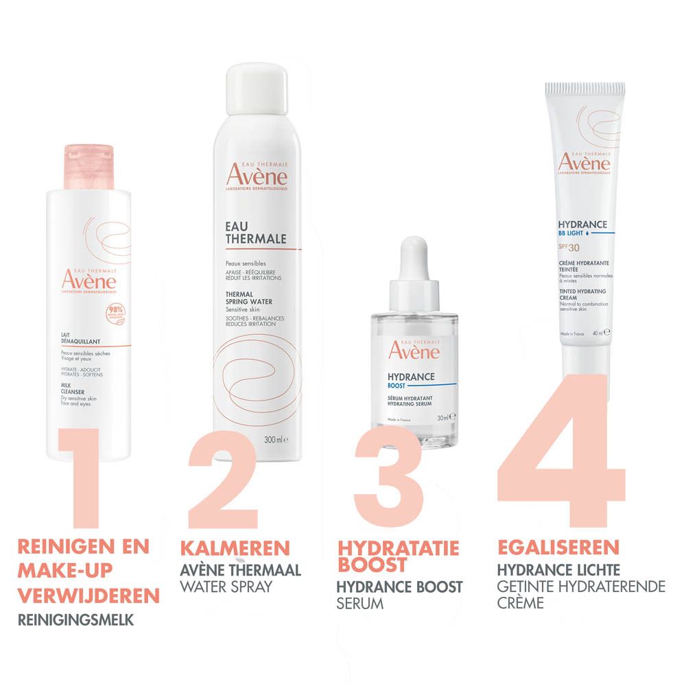 Verpakking. Merk Avène, Hydrance BB Légère. SPF 30. Beige.