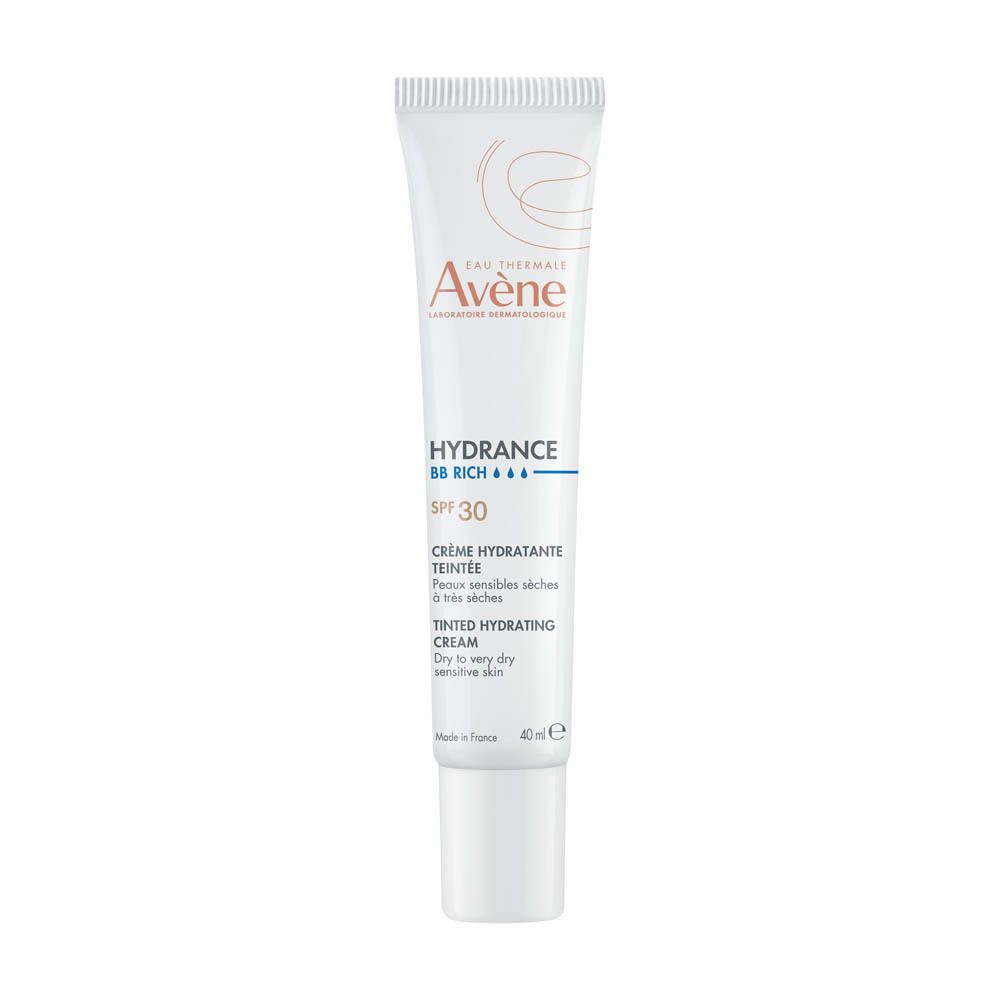 Crèmetube met Avène-logo en productnaam. BB-Rich, getinte hydraterende crème, SPF 30. Voor droge, gevoelige huid.