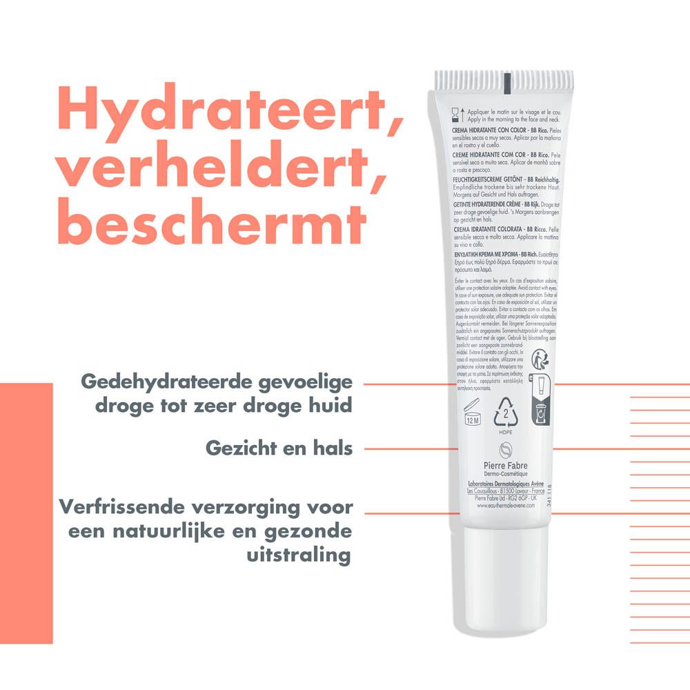 Productverpakking. Tube en doos. Avène Hydrance BB-Rich, getinte hydraterende crème, SPF 30.