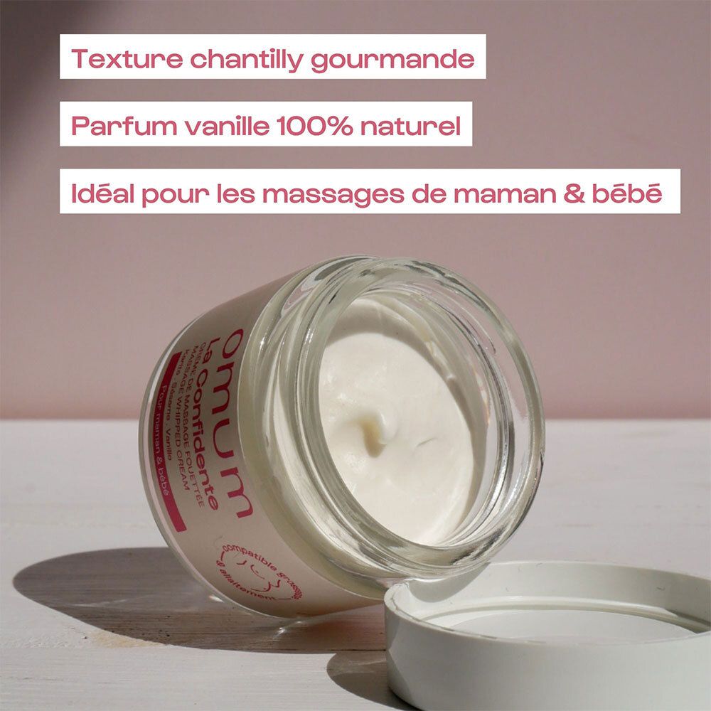 Dos du coffret cadeau. Inscription: omum L'instant Câlin. Texte et ingrédients.