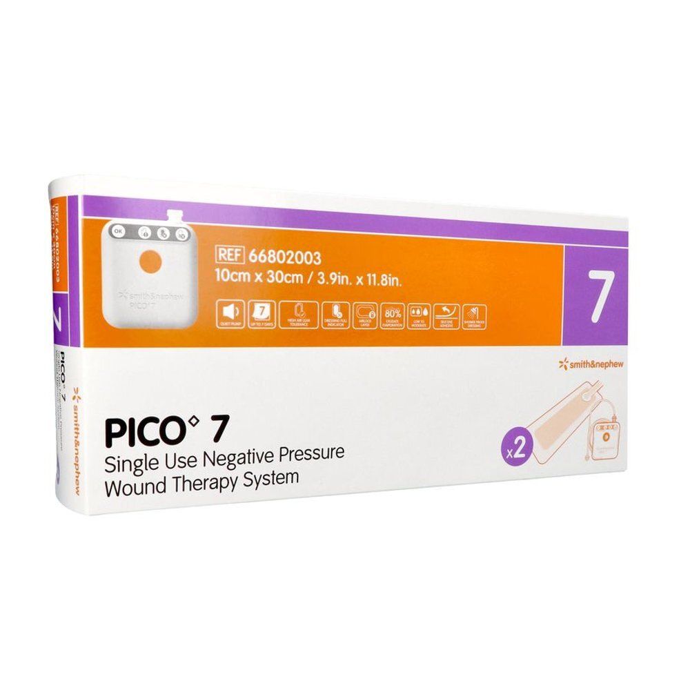 Pico 7 verpakking, rechthoekig, wit en oranje. Productnaam en informatie gedrukt. Afmeting: 10cm x 30cm.