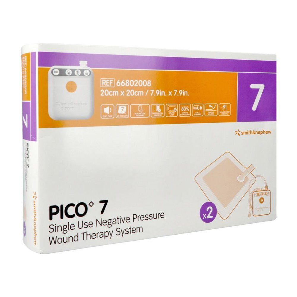 Verpakking van Pico 7. Afmetingen: 20cm x 20cm, 7.9in x 7.9in. Single Use Negative Pressure Wound Therapy System. Bevat 2 stuks. Merk Smith & Nephew.