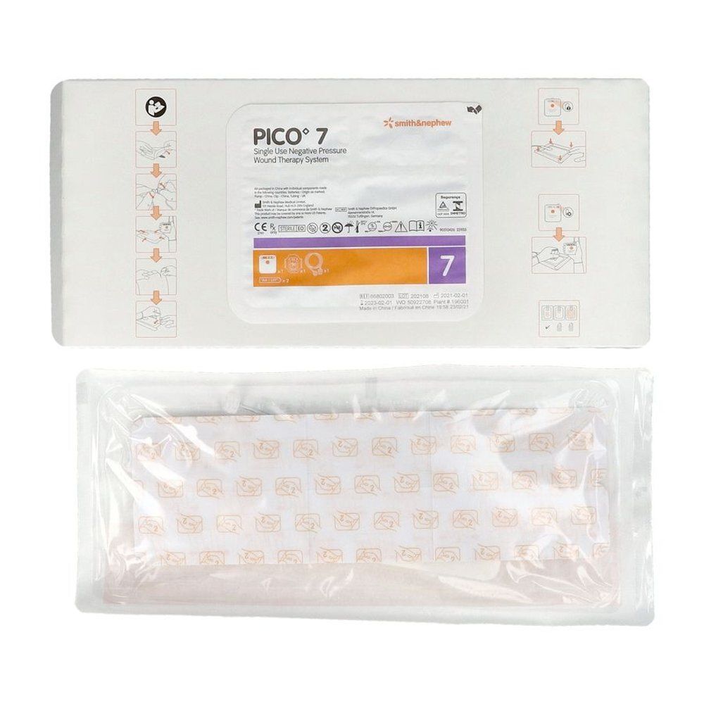 Pico 7 verbandverpakking, rechthoekig, wit. Bevat een verband en een verpakking met productinformatie. Smith & Nephew logo.
