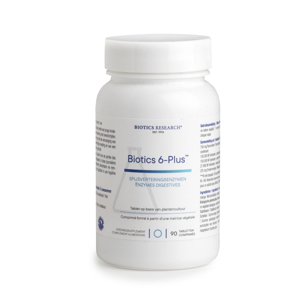 Witte fles met schroefdop. Opschrift: Biotics 6-Plus™. 90 tabletten. Biotics Research.