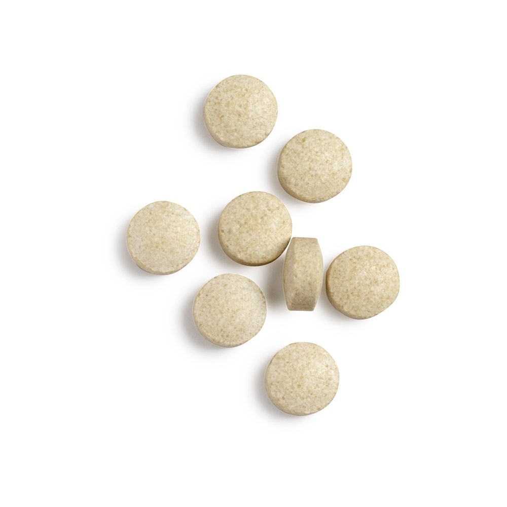 Witte fles met schroefdop. Opschrift: Biotics 6-Plus™. 90 tabletten. Achterkant.