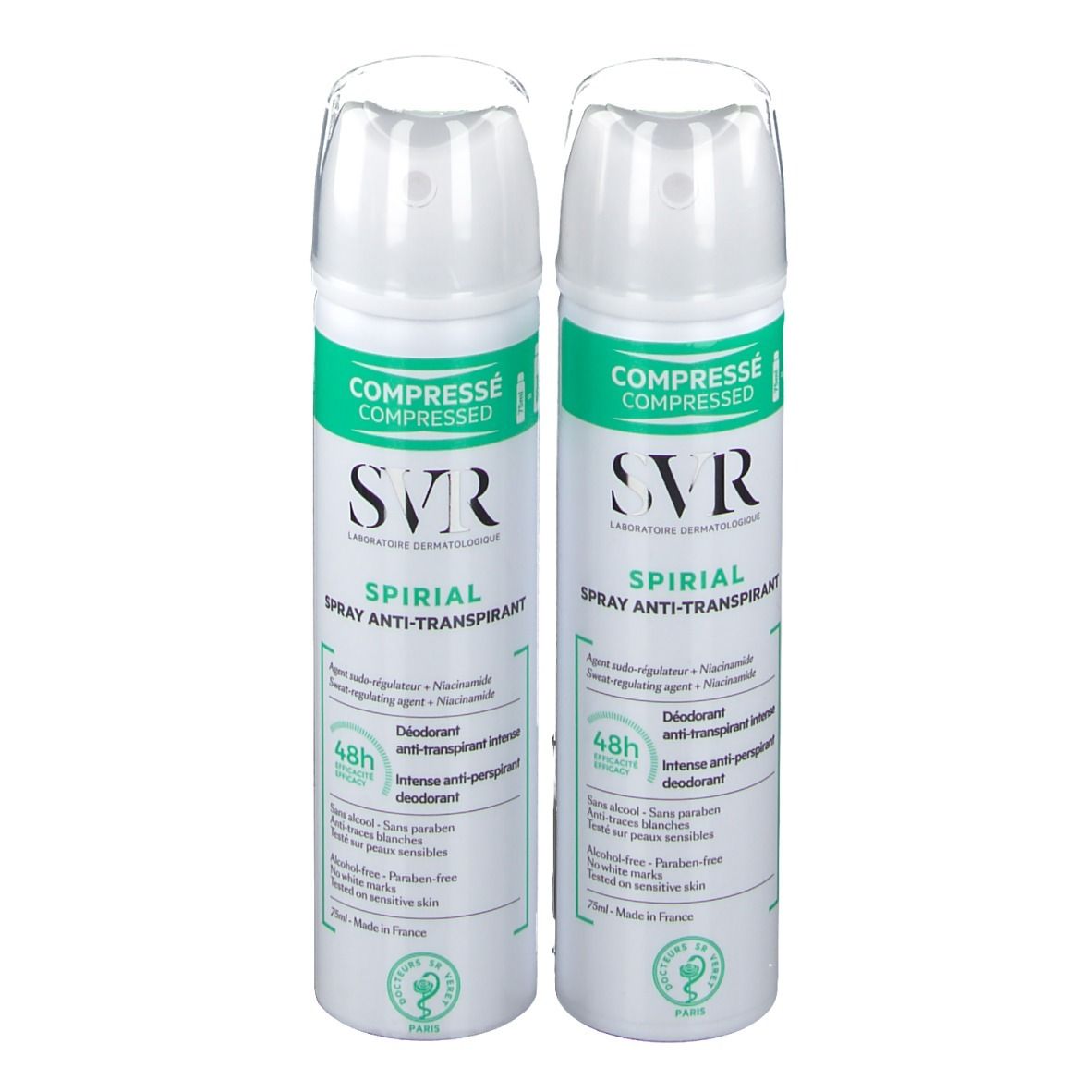 Twee witte sprays met groene accenten. Opschrift: SVR SPIRIAL Spray Anti-Transpirant. Transparante dop.